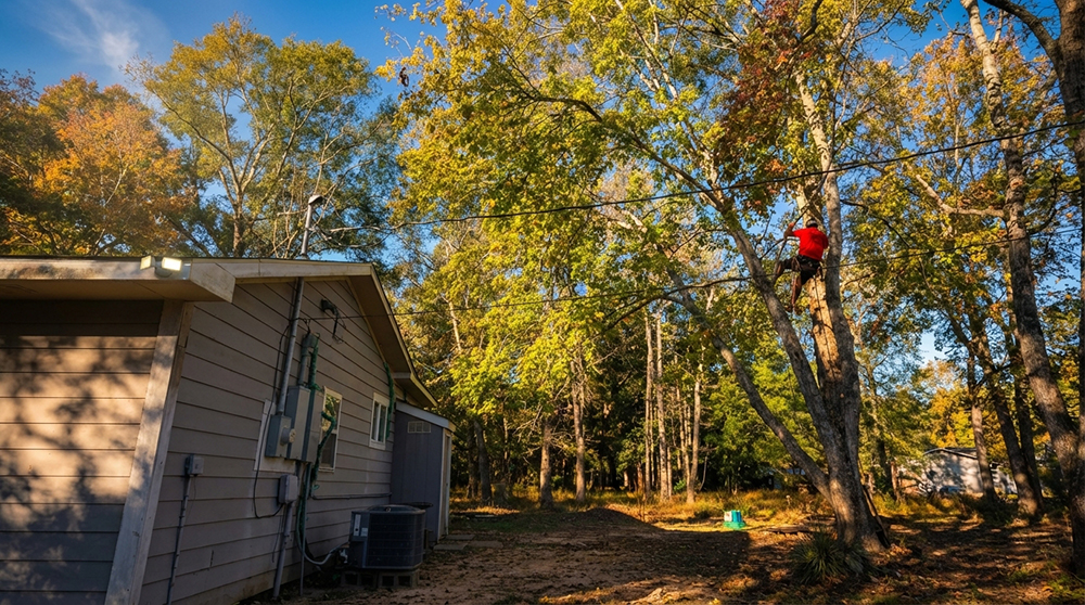 Professional tree removal expert climbing a large tree